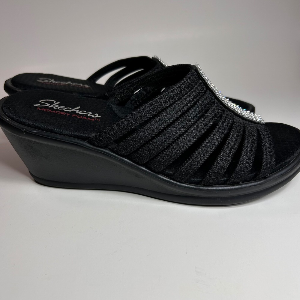 Skechers Rumblers Hotshot Wedge Sandals Womens 10 Black Rhinestone Comfort Bling - Picture 7 of 11
